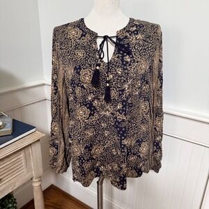 Liverpool Los Angeles Womens Navy Floral Boho Tassel Split Neck Blouse Large